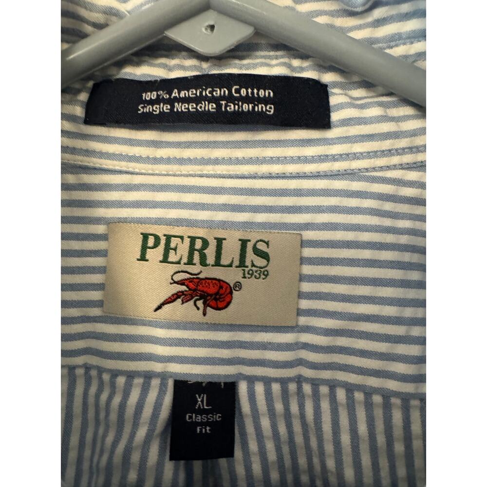 Perlis men's blue white seersucker button down XL 100% american cotton crawfish - Picture 2 of 4